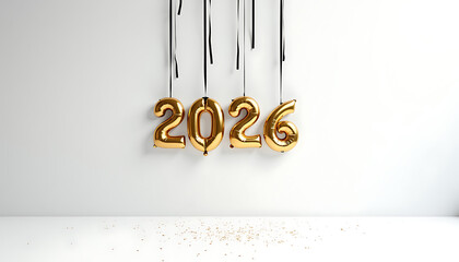 Gold 2026 balloons suspended by black ribbons on a white wall