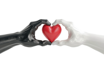 3D Render of Black and White Hands Holding Red Heart Isolated on Transparent background.