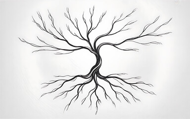 Stylized bare tree with roots on white background isolated on a transparent background