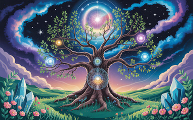 Mystical tree of life with glowing chakras and cosmic sky isolated on a transparent background