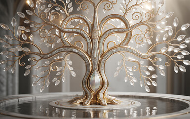 Ornate Golden Tree of Life with Crystals and Mother of Pearl isolated on a transparent background
