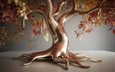 Polished Metallic Tree with Autumn Leaves isolated on a transparent background