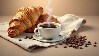 Steaming coffee cup with croissants and coffee beans
