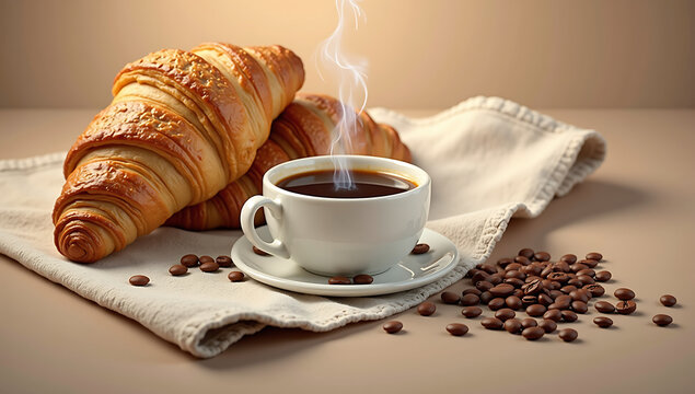 Steaming coffee cup with croissants and coffee beans - Powered by Adobe