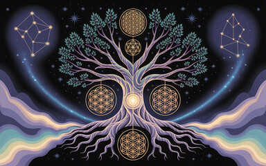 Mystical tree with sacred geometry and cosmic background isolated on a transparent background