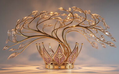 Ornate Golden Tree of Life Growing from a Crown isolated on a transparent background