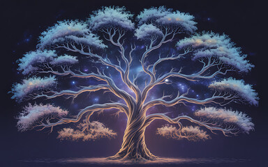 Mystical Glowing Tree with Cosmic Background isolated on a transparent background