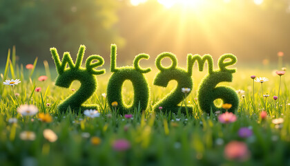 Welcome 2026 text made of grass in a sunlit field green