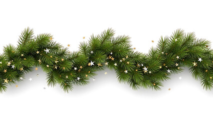 festive christmas garland of green fir branches adorned with shimmering gold and silver stars creating a decorative border on a clean white background for winter holiday designs.