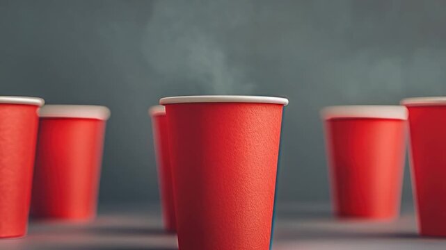 Video Row of bright red cups on a wooden table, ready for use