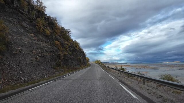 Scenic driving journey towards Nordkapp in Norway