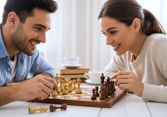 Smiling young man and woman enjoying a friendly game of chess over hot beverages in a cozy cafe setting. concept of strategy, intellectual challenge, leisure activity