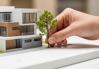Close-up of a hand placing a tree model next to a modern architectural scale model. concept of urban planning, architectural design, sustainable development.