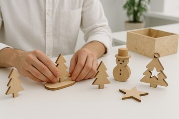 Eco-friendly wooden toys including trees, snowman, and star on a white table. concept of sustainable play, natural materials, handcrafted design
