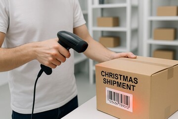 Man scanning christmas shipment boxes with barcode scanner in warehouse for holiday delivery preparation. concept of logistics, holiday shipping, supply chain management