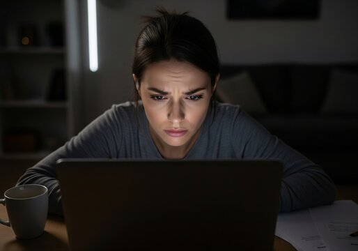 Woman frowning while reading bad news on laptop in dark room. Concept of disinformation, fake news and cyberbullying.