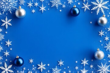Festive blue background with snowflakes and ornaments creates a winter holiday scene