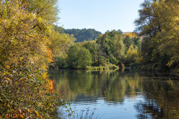 Fototapeta premium Landscape of Iskar River, passing near Lake Pancharevo, Bulgaria