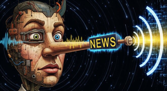 Man with Pinocchio nose and cyborg elements broadcasting fake news. Disinformation and propaganda concept in media or internet