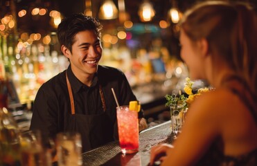Bartender serving cocktail to customer at bar counter