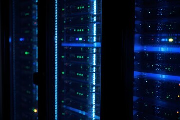 Rows of blinking lights decorate a server farm room in the dark