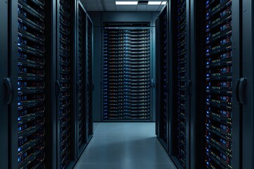 Server room presents a corridor of data racks creating a technological and modern visual