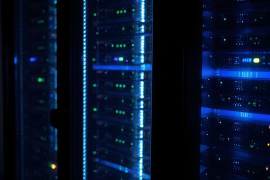 Rows of blinking lights decorate a server farm room in the dark - Powered by Adobe
