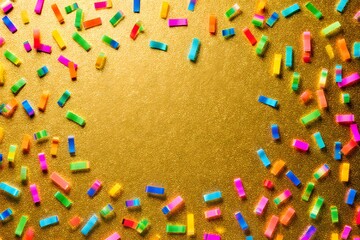 Festive background with colorful confetti on a gold textured surface for celebratory events