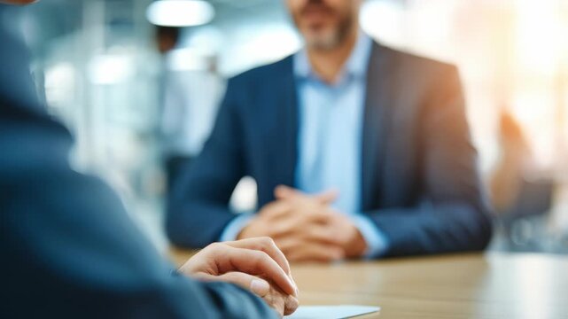 Business professionals engaged in a formal interview meeting at a modern office table, focusing on negotiation and communication. Blurred background highlights corporate environment
