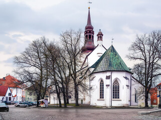 Spiritual restraint and historic presence surround St. Marya Cathedral, also known as the Dome Church, standing prominently on Toompea Hill in winter city surroundings. Tallinn, Estonia