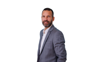 Confident business man in gray suit smiling, presenting solutions and leadership, isolated on transparent background