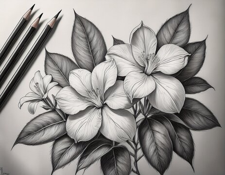 detailed pencil sketch of white flowers and leaves with pencils sketch detailed drawing graphite art