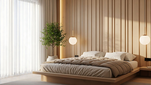minimalist bedroom interior with wooden platform bed slatted wall soft pendant lights and bright sunlit sheer curtains.