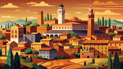 Obraz premium Very beautiful view of Siena’s medieval town square with historic brick buildings, warm earthy tones, and timeless Italian atmosphere reflecting centuries of culture and architectural heritage.