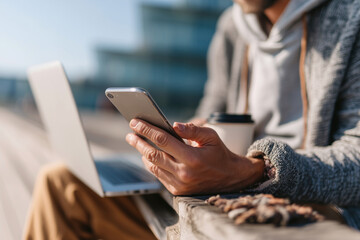 A man is sitting on a bench with a laptop and a cell phone in his hands