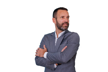 Confident businessman standing with arms crossed, thinking with pensive expression, wearing gray suit, transparent background