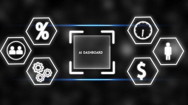 ai dashboard interface with glowing technology icons showing finance, time, users, settings and data analytics. Modern digital dashboard design suitable for business, fintech, data visualization,