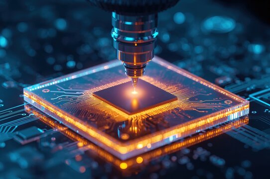 Futuristic laser engraves glowing microchip in ultra high tech semiconductor manufacturing scene - Powered by Adobe