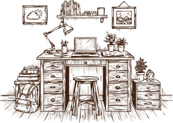 Fototapeta premium An engraving art style illustration hand drawn hand drawn sketch of a cozy home office desk setup with laptop, lamp, books, and plants