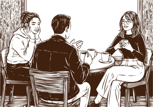An engraving art style illustration hand drawn three friends sitting around a table having coffee or tea in a cafe or home setting, black and white illustration