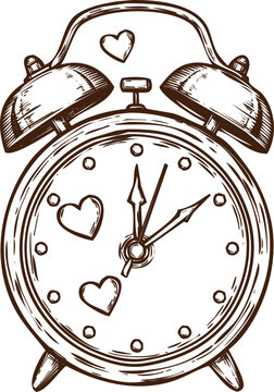 An engraving art style illustration hand drawn handdrawn sketch of an alarm clock with hearts instead of some numbers, symbolizing love and time