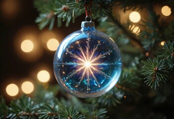 Intricate Blue and Gold Starburst Ornament on Christmas Tree