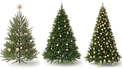Fototapeta premium three christmas trees decorated with sparkling gold ornaments and festive lights on white background perfect for seasonal designs.