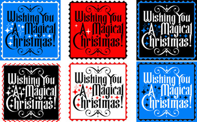 Vintage holiday postage stamp illustrations "Wishing you a magical Christmas" in red, blue, and black, , vector, set 