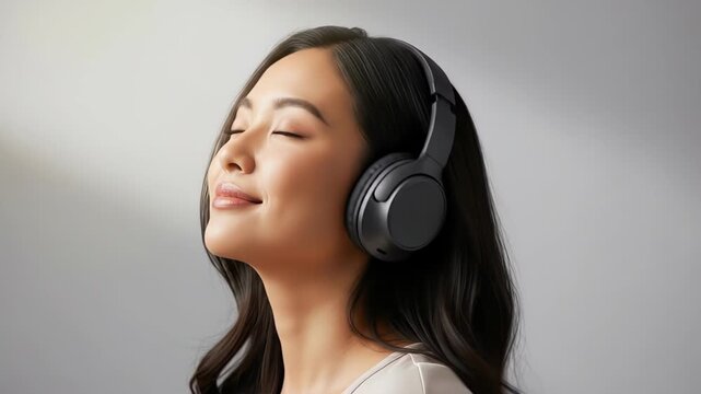 Serene woman wearing headphones enjoying music with closed eyes and relaxed expression.