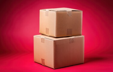Obraz premium Two oversized cardboard boxes on a vibrant red background creating a bold visual contrast
