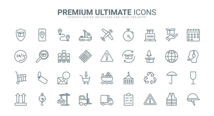 Delivery service, logistics, storage and shipment thin line icons set vector illustration. Outline distribution in warehouse and merchandise of packages, delivery of containers with ship and truck