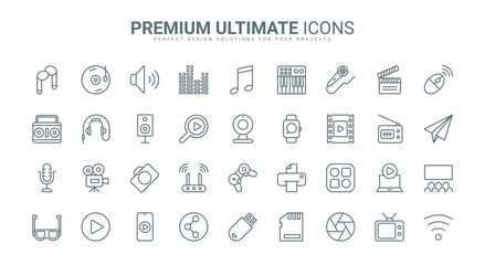 Multimedia technology, TV, video and music production thin line icons set vector illustration. Abstract outline movie cinema theatre and camera, 3D glasses and speakers, headphones and gamepad © lembergvector