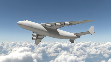 Obraz premium White Airplane Antonov An 225 Mriya the World Largest Cargo Plane with Six Engines Flying Above White Clouds Side View Low Angle