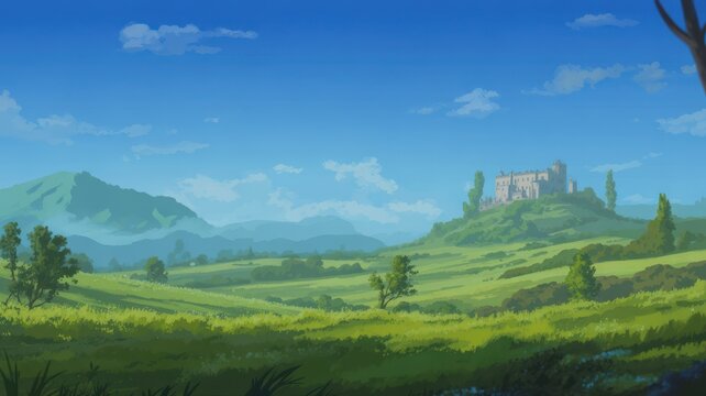 Lush green landscape with distant white castle on hill under blue sky with scattered clouds hills - Powered by Adobe